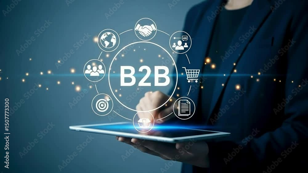B2B Marketing and Business Collaboration Strategy Concept. Businesswoman hold tablet displaying B2B marketing icons, symbolizing business-to-business communication, collaboration, trade, and strategy.