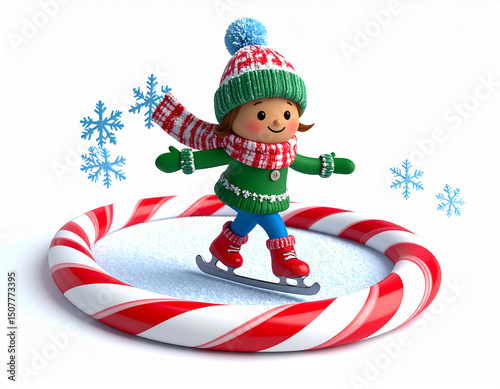 Joyful 3D cartoon Christmas ornament wearing boots and wool hat, skating festive mascot