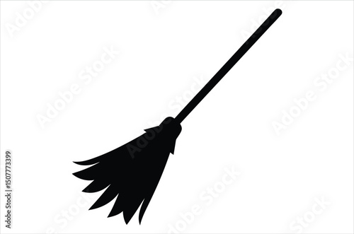Broom magic. A vehicle for the witch. Element of witchcraft. Symbol of magic. Tattoo broomstick or print for Halloween or all saints ' day. Vector art, silhouette, illustration,  cartoon on white back