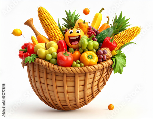 Proud 3D cartoon cornucopia overflowing with fruits and vegetables, autumn harvest mascot
