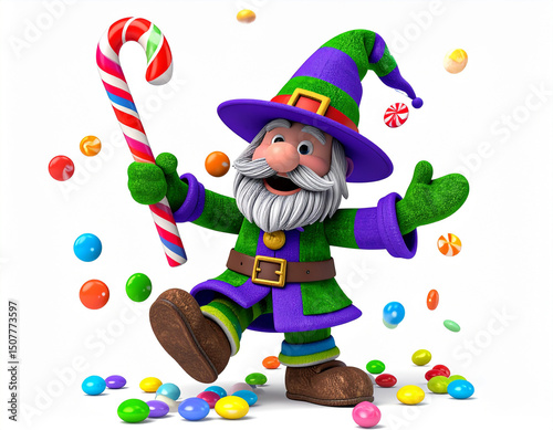 Joyful 3D cartoon sock puppet wizard waving candy cane wand, festive holiday mascot