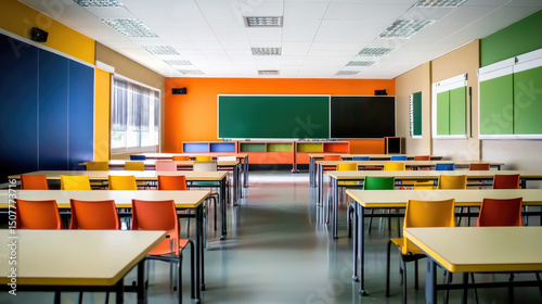 Brightly colored classroom with empty desks and chairs