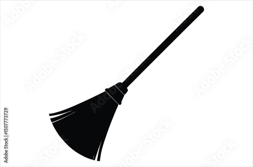 Broom magic. A vehicle for the witch. Element of witchcraft. Symbol of magic. Tattoo broomstick or print for Halloween or all saints ' day. Vector art, silhouette, illustration,  cartoon on white back