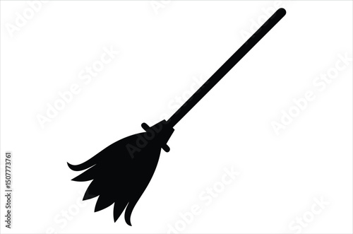 Broom magic. A vehicle for the witch. Element of witchcraft. Symbol of magic. Tattoo broomstick or print for Halloween or all saints ' day. Vector art, silhouette, illustration,  cartoon on white back