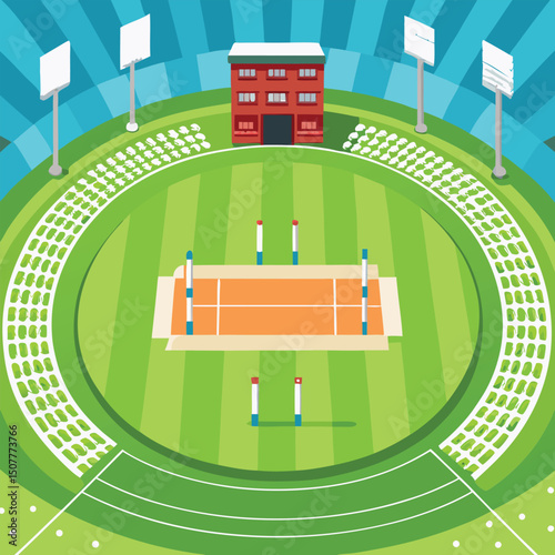 Top view on cricket pitch or ball sport game field, grass stadium background or circle arena for cricketer series, green lawn