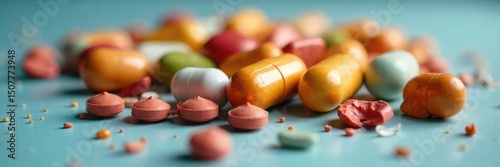 A close-up shot of various vitamin pills scattered on a surface, some broken or crumbling, suggesting a lack of quality or efficacy , lacking, disorder, poor