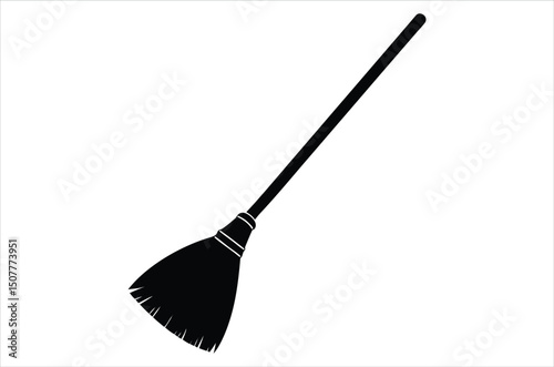 Broom magic. A vehicle for the witch. Element of witchcraft. Symbol of magic. Tattoo broomstick or print for Halloween or all saints ' day. Vector art, silhouette, illustration,  cartoon on white back