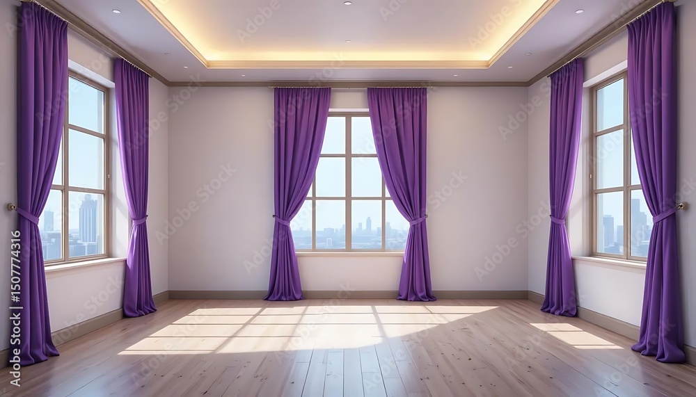 Fototapeta premium Elegant Empty Room with Purple Curtains and Wood Floor, Urban View