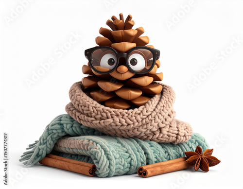 Smiling 3D cartoon pinecone character wearing round glasses, sitting on a cozy pile of black leaves, warm and friendly vector mascot perfect for nature and autumn