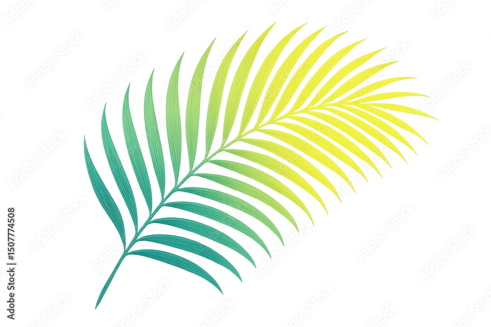 Fototapeta premium Vivid gradient tropical palm leaf with translucent backdrop, showcasing lush summer botanical design element