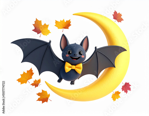 Joyful 3D cartoon bat character wearing a bowtie with shiny wings, flying past a smiling crescent moon, perfect for Halloween and night-themed illustrations