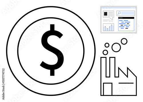 Dollar sign in a circle, factory emitting smoke, and analytics interface highlight economic growth, production, and data trends. Ideal for finance, investment, economy, entrepreneurship