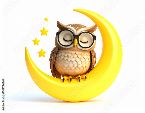 3D cartoon owl perched on a glowing crescent moon wearing small reading glasses, whimsical and charming character perfect for fantasy and bedtime stories