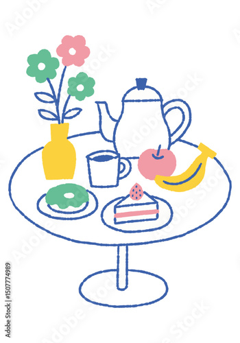 Landscape with vase, coffee and donuts_color