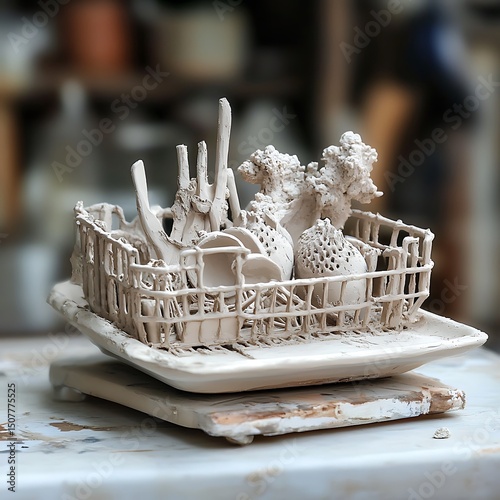 Ceramic dish drainer sculpture with assorted forms.