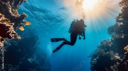 Scuba diver explores coral reef with sun rays shining through turquoise sea