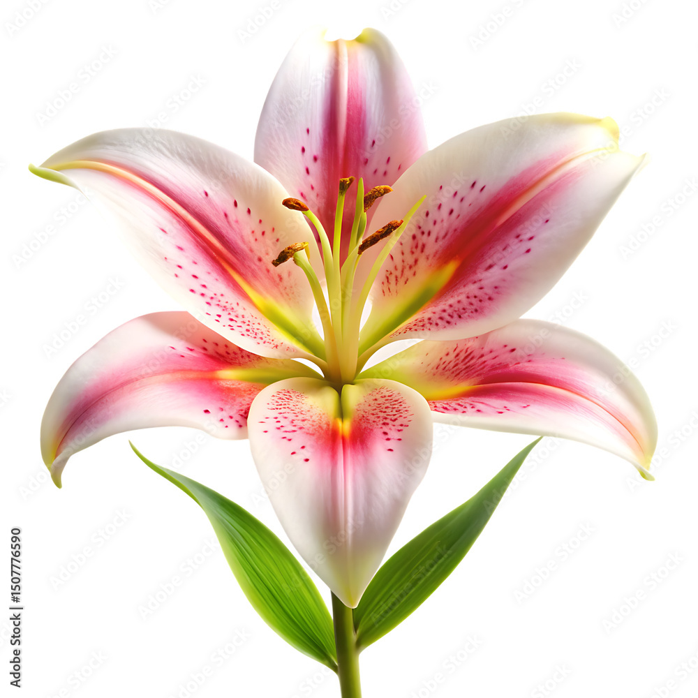 Naklejka premium Pink Lily Flower in Full Bloom with Green Stem, Elegant Botanical Blossom, Isolated on White Background as Transparent. PNG. AI Generated