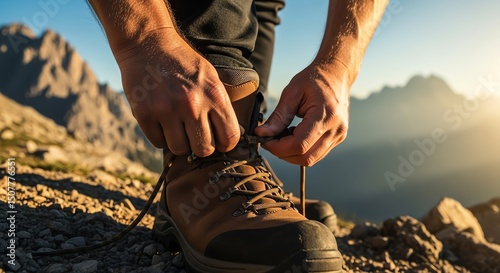 Hiker Tying Boots on Summer Mountain Trail