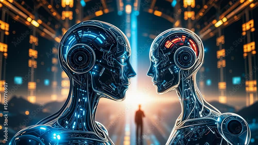 Futuristic AI robots facing each other in a glowing digital environment ...