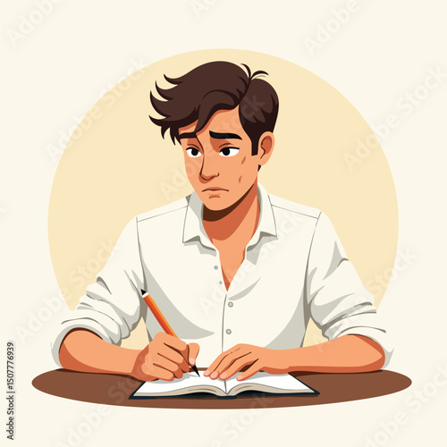 Man in white shirt writing ideas in notebook at table