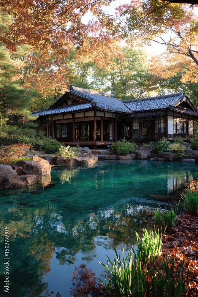 Autumn Japanese Garden Pond Reflection House Autumn Japanese Garden Pond Reflection House
