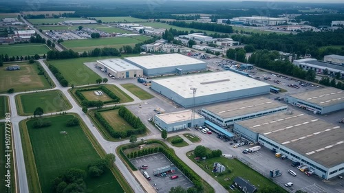 Aerial view of industrial park with warehouses and green spaces
