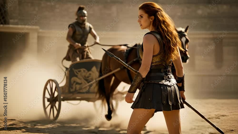 Female warrior walking past a war chariot in dusty arena