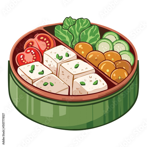 Tofu bento box with vegetables - vector illustration