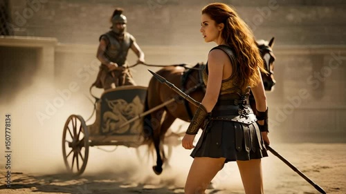 Female warrior walking past a war chariot in dusty arena