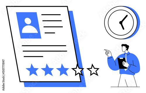 Profile sheet with star rating, clock symbolizing time, and a manager holding a clipboard. Ideal for evaluation, feedback, productivity, HR management, career growth, timing flat simple metaphor