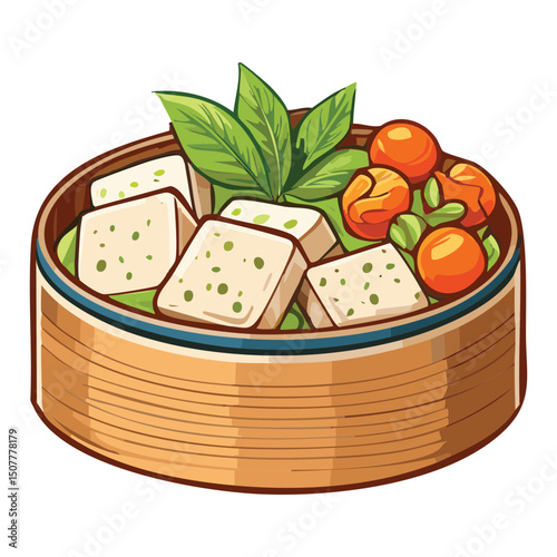Tofu bento box with fresh vegetable assortment - Vector Illustration