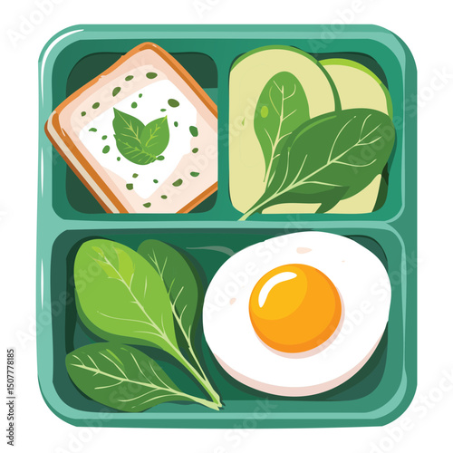 healthy bento box with egg and spinach - vector illustration
