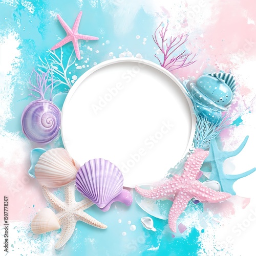 Empty white circle frame surrounded by pastel seashells and starfish.
