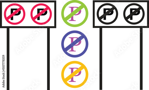 Traffic sign set for no parking, no entry, and warning symbols for urban map and print design.