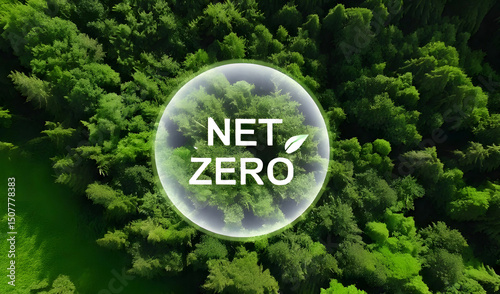 Net zero and carbon neutral concept.Net Zero text in bubbles with forest. for net zero greenhouse gas emissions target Climate neutral long term strategy on a green background. Carbon Neutrality.