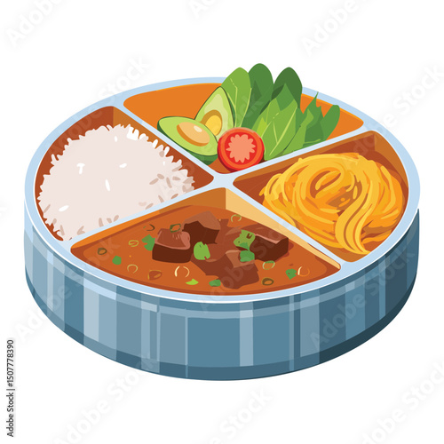 Beef Rice and Noodles in Bento Box - Vector Illustration