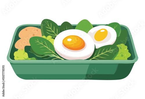 Potato and Egg Lunchbox with Greens - Vector Illustration