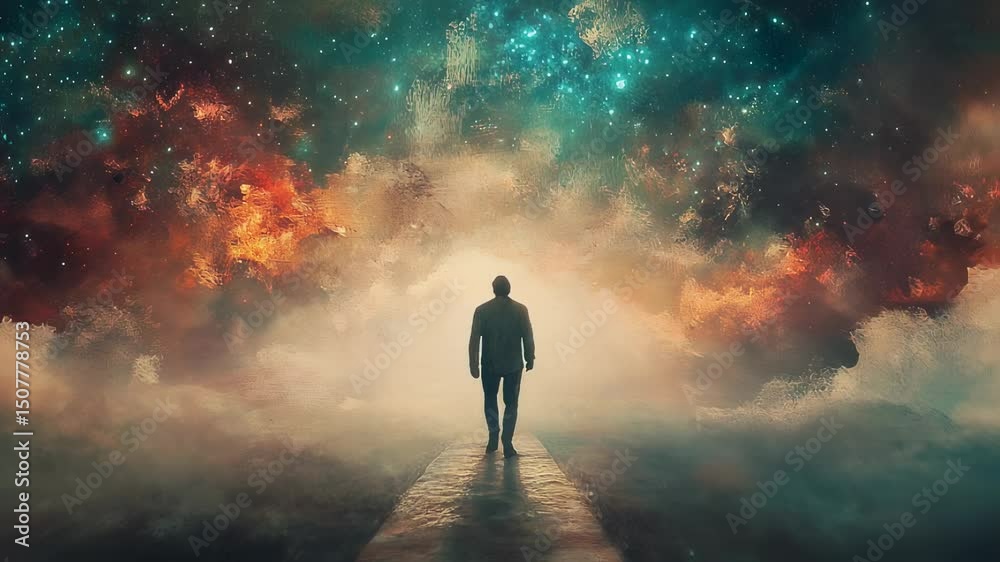 Man walking on a path towards a cosmic gateway of stars and nebula Man walking on a path towards a cosmic gateway of stars and nebula