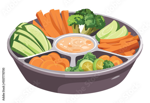 Raw Vegetable Platter with Dip - Vector Illustration