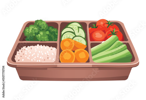 Vegan Meal Box with Vegetables and Rice - Vector Illustration