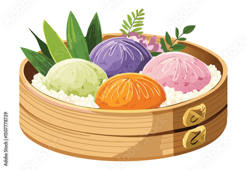 Steamed Colorful Buns in Bamboo Tray - Vector Illustration
