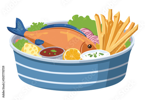 Fish Platter with Fries and Sides - Vector Illustration
