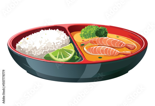 Salmon Bento with Rice and Curry - Vector Illustration