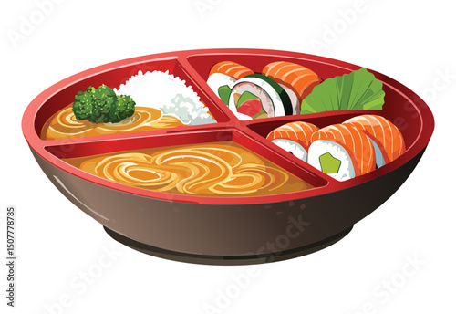  bento plate with soup rice and salmon sushi - vector illustration