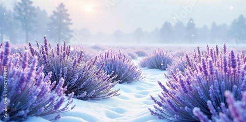 A snowy landscape infused with the calming purple hues of lavender fields, a serene winter scene Frozen lavender sprigs add a touch of color to the crisp, white snow , cold, outdoor