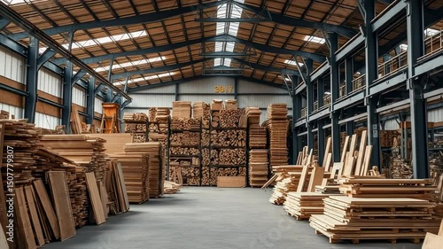 Wallpaper Mural Lumber warehouse showcasing neatly stacked wood planks and materials indoors Torontodigital.ca