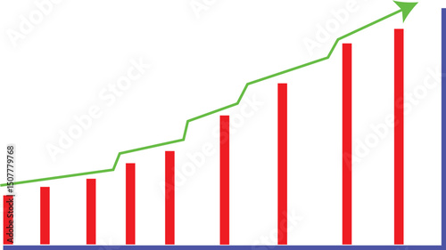 Red column chart with green line graph for financial growth, business metrics, or stock trends.