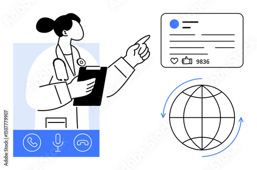 Doctor with clipboard points to social media profile, with globe and communication icons for worldwide connection. Ideal for telemedicine, healthcare innovation, global reach, social media, online