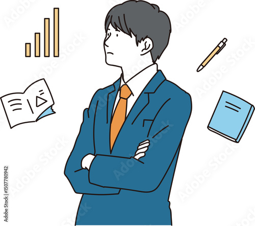 腕組をして考え事をしている学生のイラスト素材