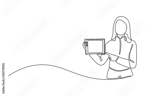 Continuous one line drawing of Business woman with the tablet. Single line drawing illustration of Saleswoman showing tablet. Business Blank screen concept vector art. Doodle line illustration.